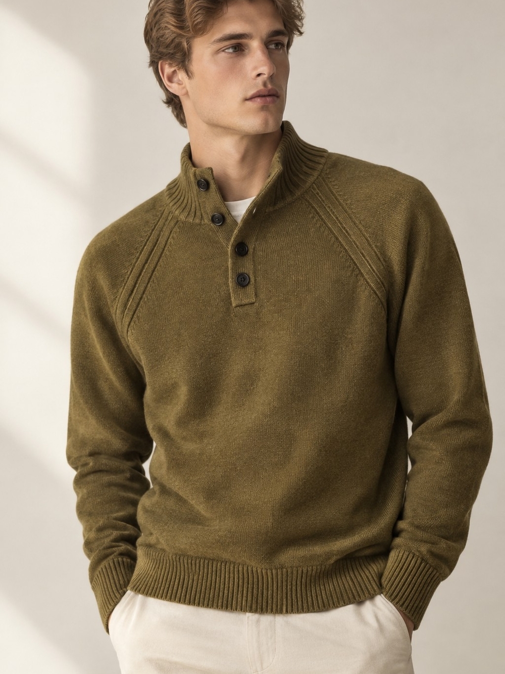 Banana Republic Wool blend Olive green Men's Henley Sweater Fall Winter Luxury